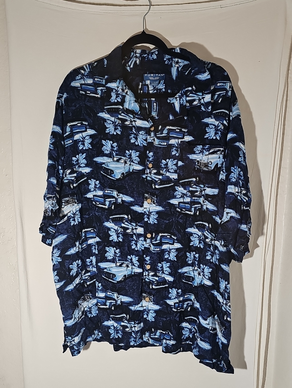 Puritan Navy and Light Blue Car Print Short-Sleeve Button-Up Shirt